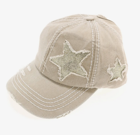 Distressed High Pony Glitter Star Ball Cap