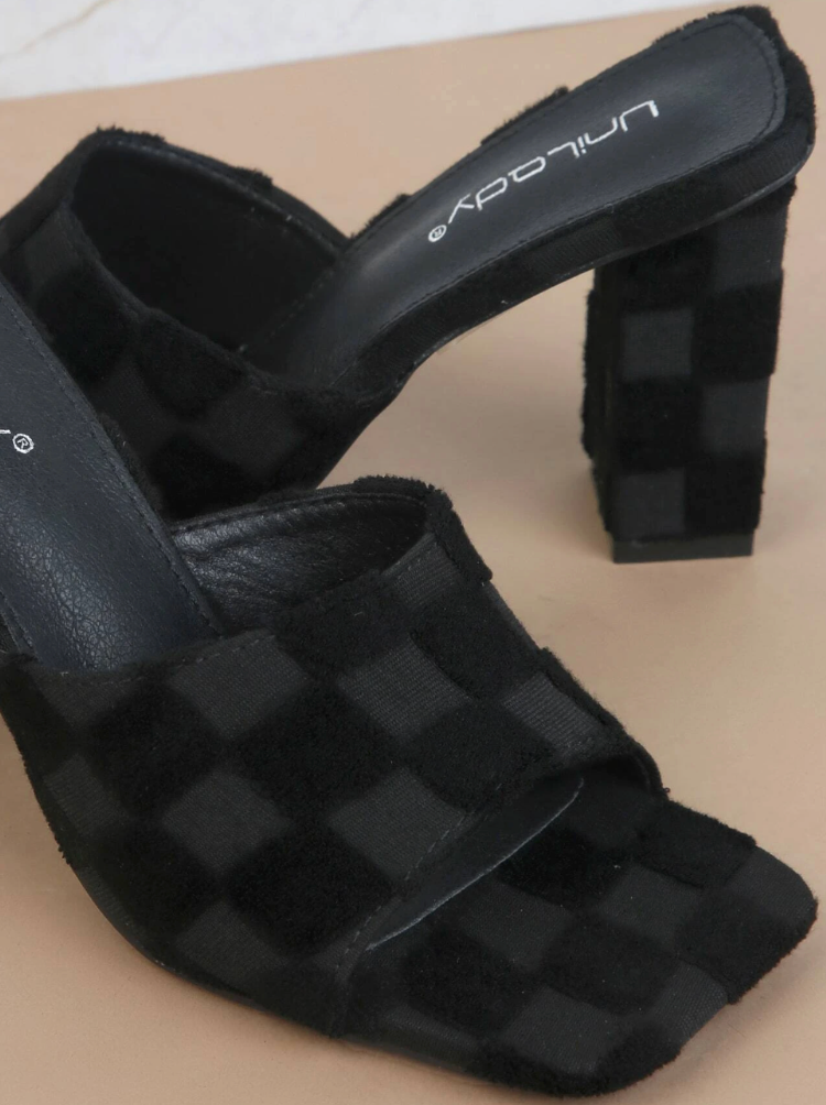 Checkered Suede Thick Heels